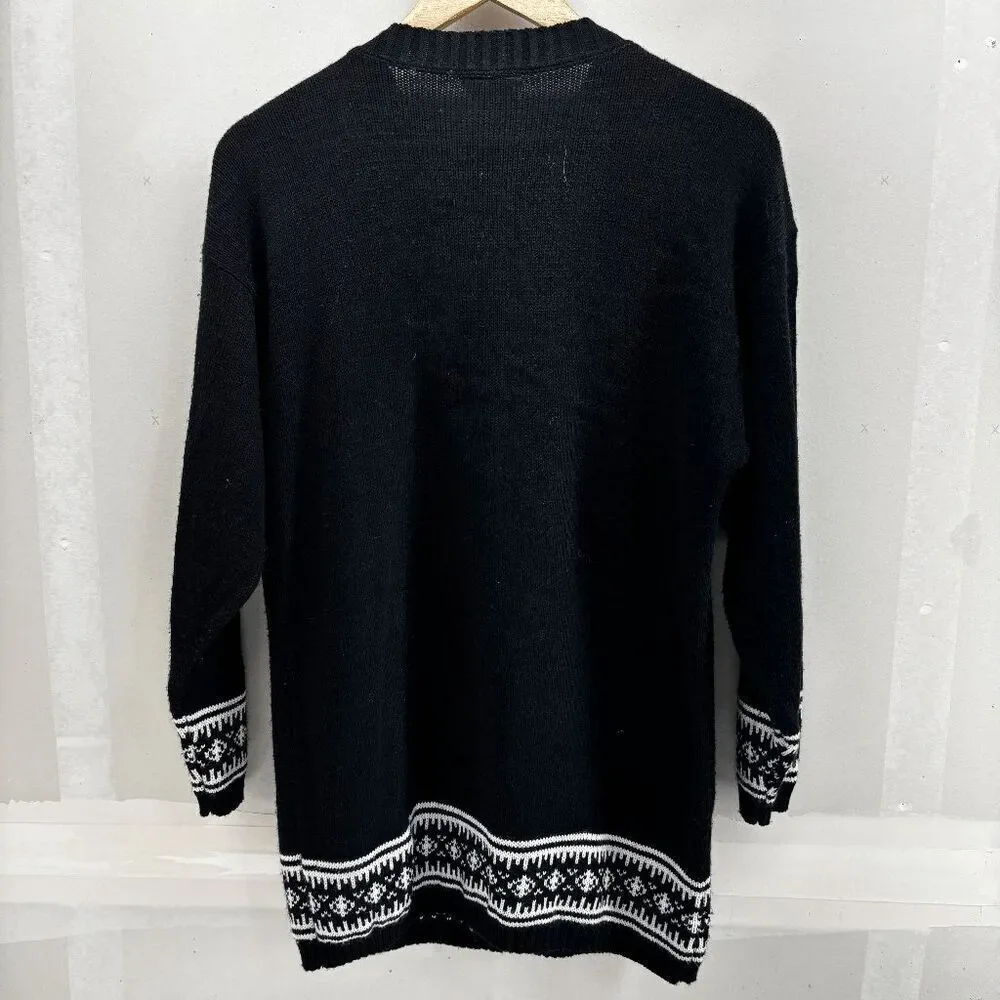 VTG Cuddle Knit Sweater Womens S Black Ivory USA Made Candle Snowflake Geometric